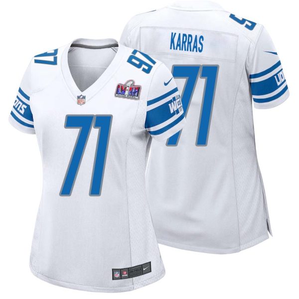 Alex Karras No 71 Womens Custom White Detroit Lions Super Bowl Lviii Away Game Jersey