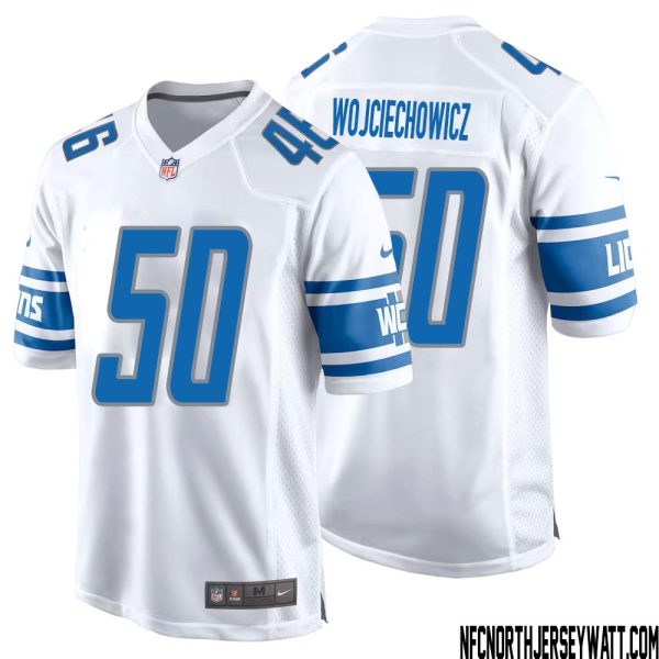 Alex Wojciechowicz No 50 Men White Detroit Lions Player Away Game Jersey – Replica