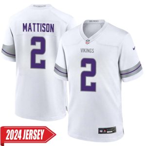 Alexander Mattison No 2 Men’s Minnesota Vikings White Alternate Custom Game 2024 Jersey