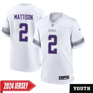 Alexander Mattison No 2 Youth’s Minnesota Vikings White Alternate Custom Game 2024 Jersey