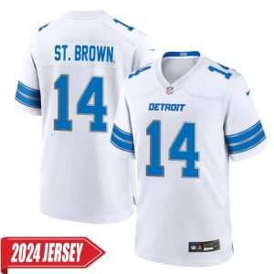 Amon-Ra St. Brown No 14 Men’s Detroit Lions Away Game 2024 Jersey – White