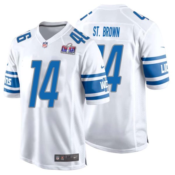 Amon-Ra St. Brown No 14 Mens Custom White Detroit Lions Super Bowl Lviii Away Game Jersey