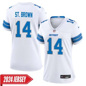 Amon-Ra St. Brown No 14 Woman’s Detroit Lions Away Game 2024 Jersey – White