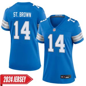 Amon-Ra St. Brown No 14 Woman’s Detroit Lions Home Game 2024 Jersey – Blue
