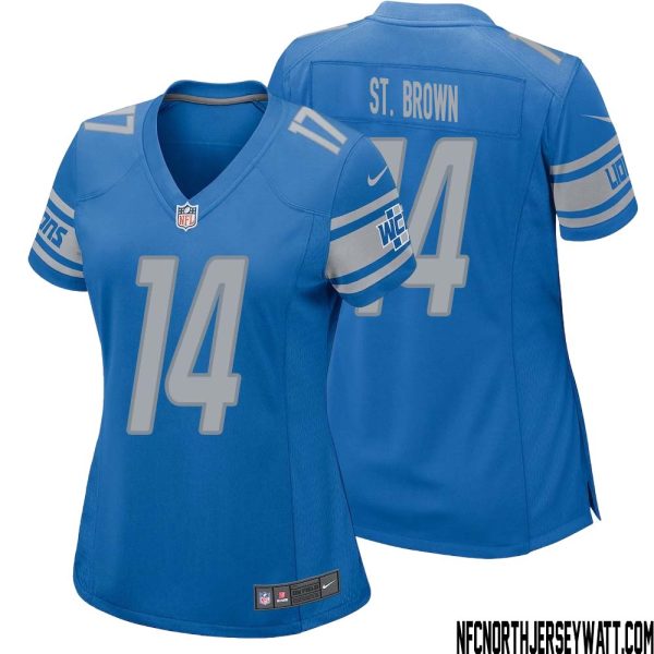 Amon-Ra St. Brown No 14 Women Blue Detroit Lions Player Home Game Jersey – Replica