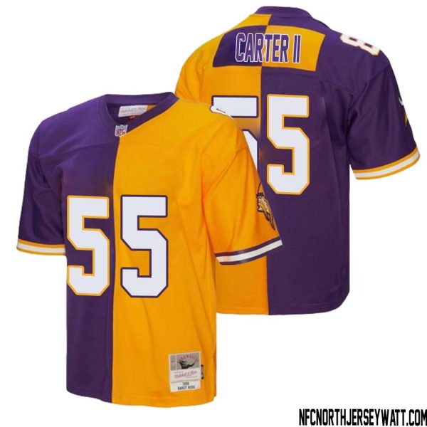 Andre Carter II No 55 Men Mitchell & Ness Purple Gold Minnesota Vikings 1998 Split Legacy Replica Jersey