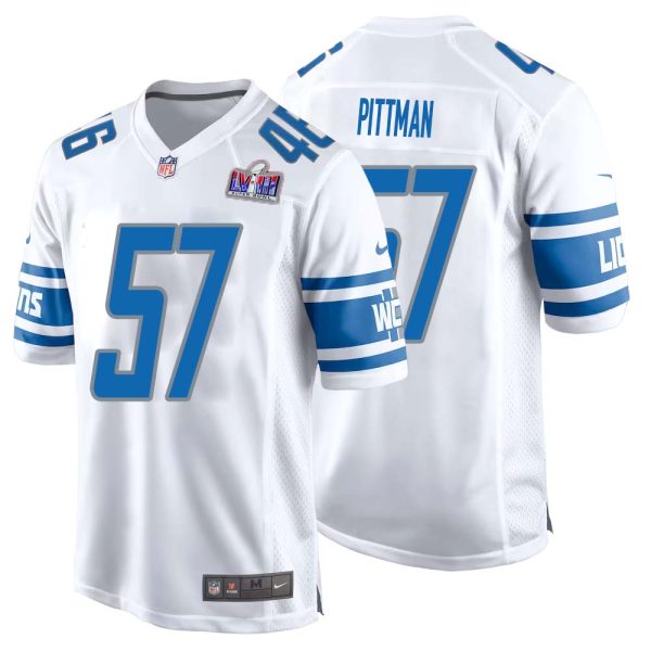 Anthony Pittman No 57 Mens Custom White Detroit Lions Super Bowl Lviii Away Game Jersey