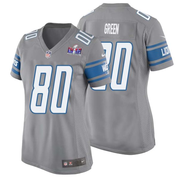 Antoine Green No 80 Womens Custom Gray Detroit Lions Alternate Super Bowl Lviii Game Jersey