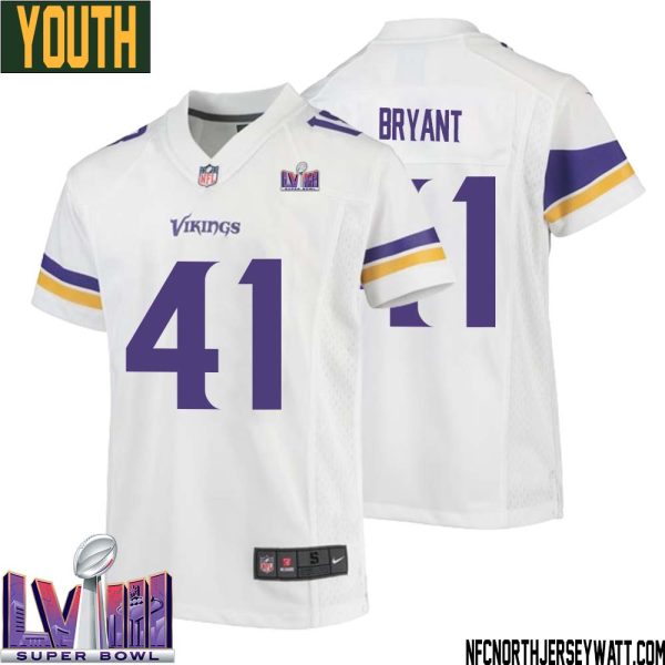 Austin Bryant No 41 Minnesota Vikings Super Bowl Lviii Away Game Jersey White For Youth – Replica