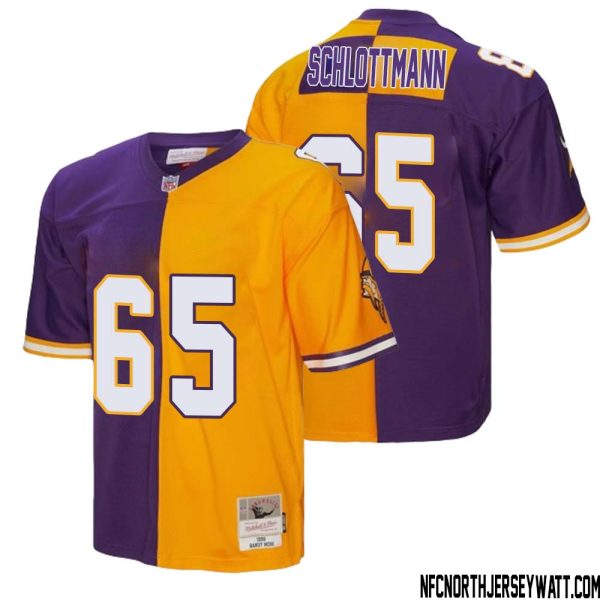 Austin Schlottmann No 65 Men Mitchell & Ness Purple Gold Minnesota Vikings 1998 Split Legacy Replica Jersey