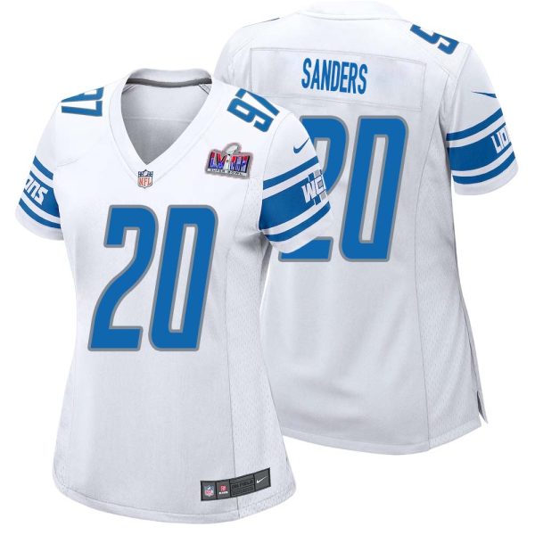 Barry Sanders No 20 Womens Custom White Detroit Lions Super Bowl LVIII Away Game Jersey