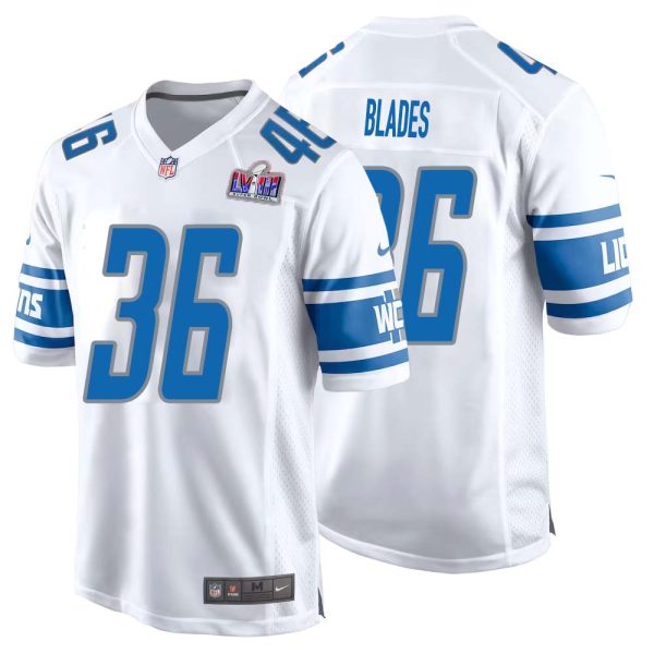 Bennie Blades No 36 Mens Custom White Detroit Lions Super Bowl LVIII Away Game Jersey