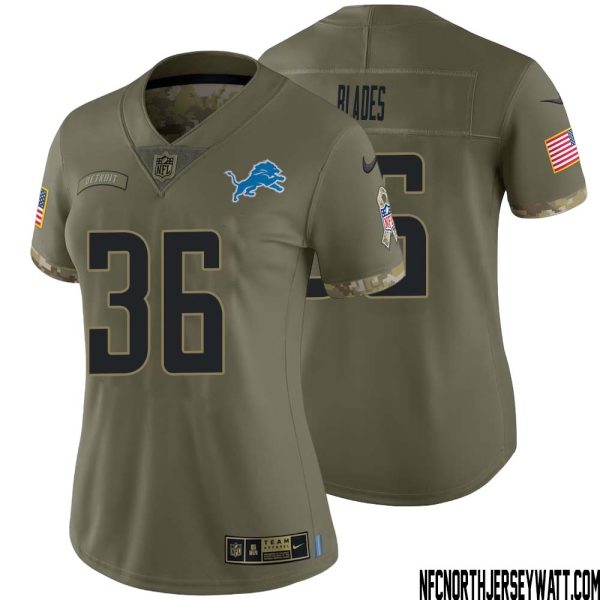 Bennie Blades No 36 Women Olive Detroit Lions 2022 Salute To Service Retired Player Limited Jersey – Replica