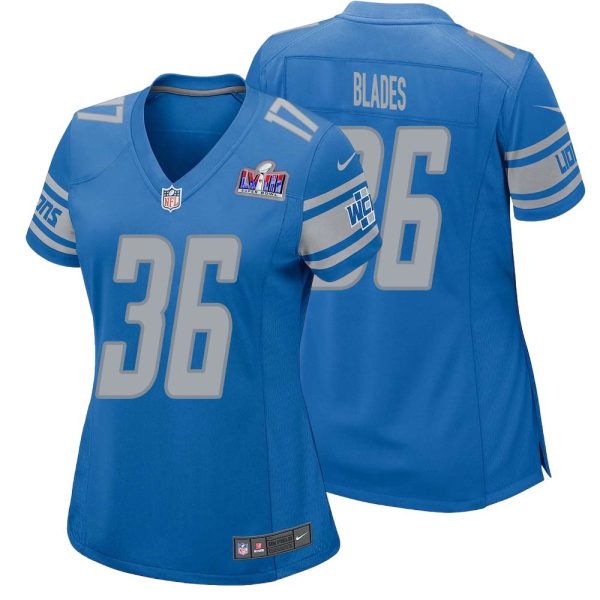 Bennie Blades No 36 Womens Custom Blue Detroit Lions Super Bowl Lviii Player Home Game Jersey