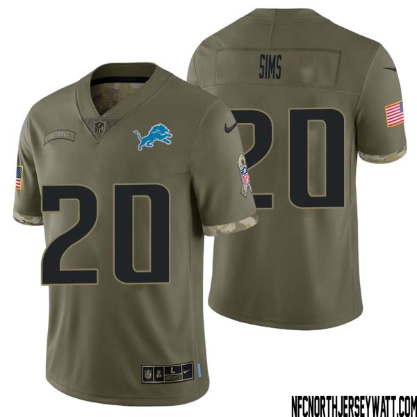Billy Sims No 20 Men Olive Detroit Lions 2022 Salute To Service Retired Player Limited Jersey – Replica