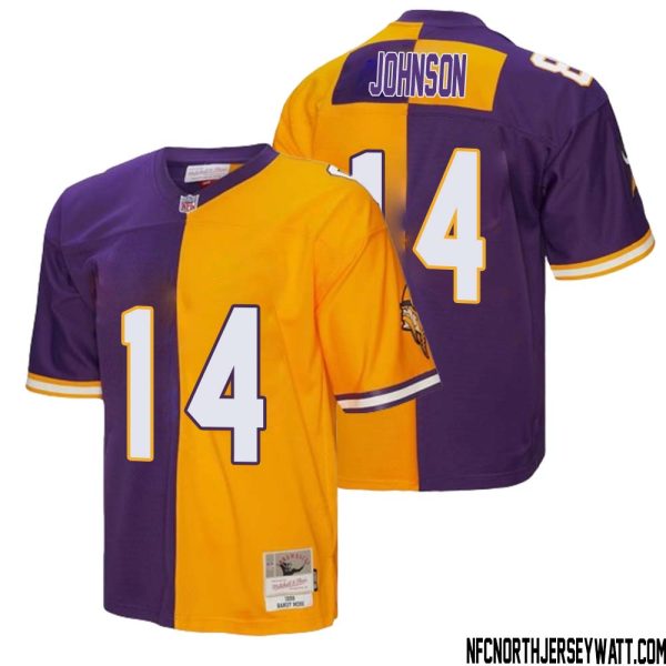 Brad Johnson No 14 Men Mitchell & Ness Purple Gold Minnesota Vikings 1998 Split Legacy Replica Jersey