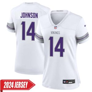 Brad Johnson No 14 Woman’s Minnesota Vikings White Alternate Custom Game 2024 Jersey