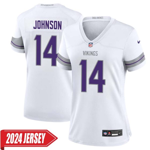 Brad Johnson No 14 Woman’S Minnesota Vikings White Alternate Custom Game 2024 Jersey