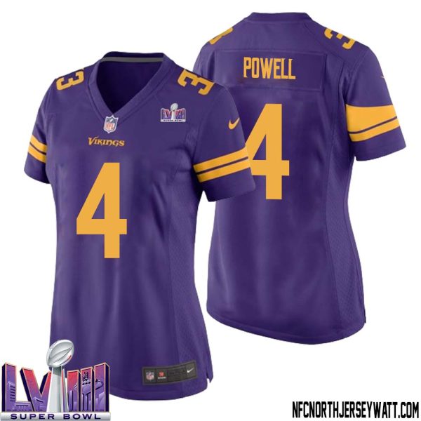 Brandon Powell No 4 Minnesota Vikings Super Bowl Lviii Alternate Game Jersey Purple For Women – Replica