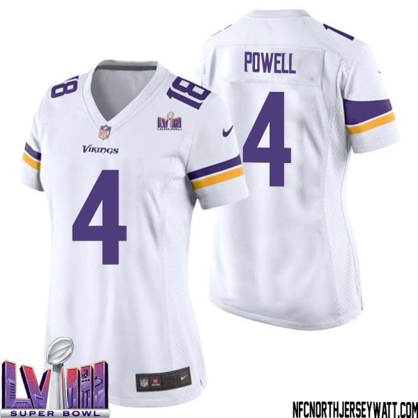 Brandon Powell No 4 Minnesota Vikings Super Bowl Lviii Away Game Jersey White For Women – Replica