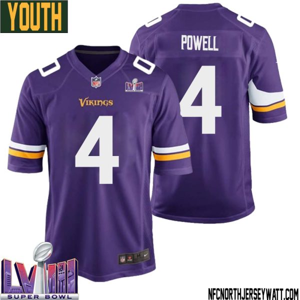 Brandon Powell No 4 Minnesota Vikings Super Bowl Lviii Home Game Jersey Court Purple For Youth – Replica