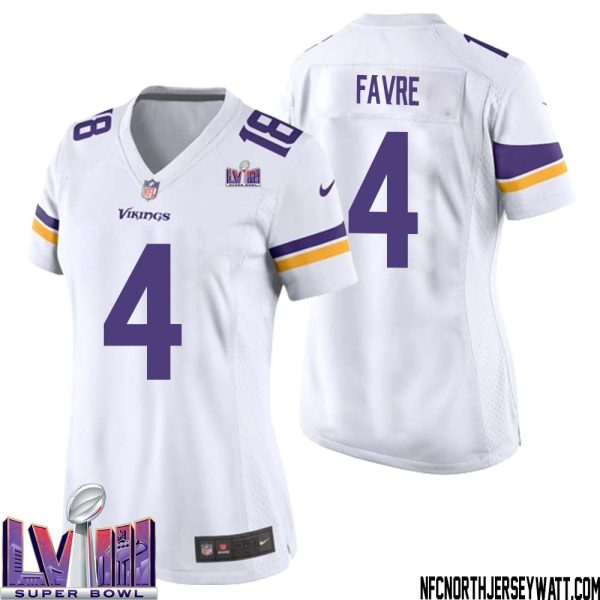 Brett Favre No 4 Minnesota Vikings Super Bowl Lviii Away Game Jersey White For Women – Replica