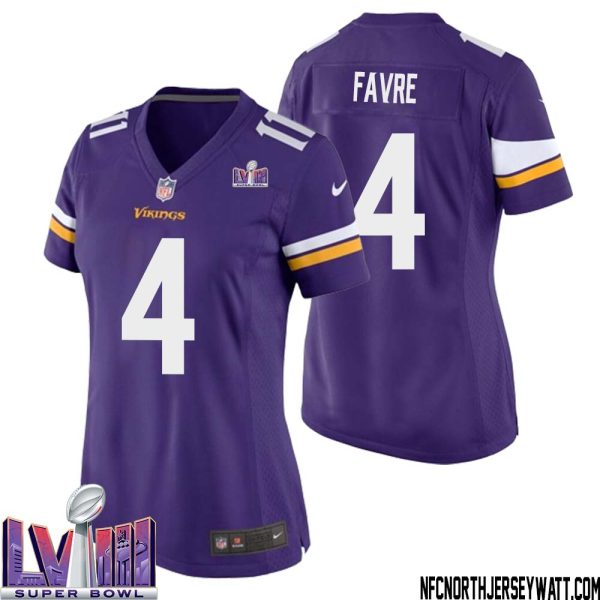 Brett Favre No 4 Minnesota Vikings Super Bowl Lviii Home Game Jersey Court Purple For Women – Replica
