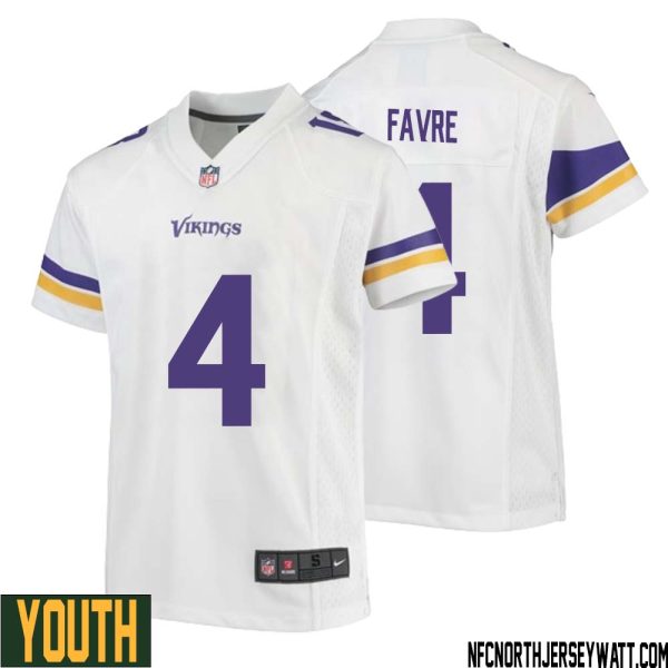 Brett Favre No 4 Youth White Minnesota Vikings Game Player Away Jersey – Replica
