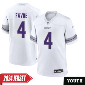 Brett Favre No 4 Youth’s Minnesota Vikings White Alternate Custom Game 2024 Jersey