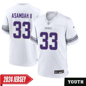 Brian Asamoah II No 33 Youth’s Minnesota Vikings White Alternate Custom Game 2024 Jersey
