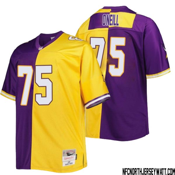 Brian O?Neill No 75 Men Mitchell & Ness Purple Gold Minnesota Vikings Big & Tall Split Legacy Retired Player Replica Jersey