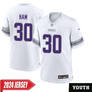 C.J. Ham No 30 Youth’s Minnesota Vikings White Alternate Custom Game 2024 Jersey