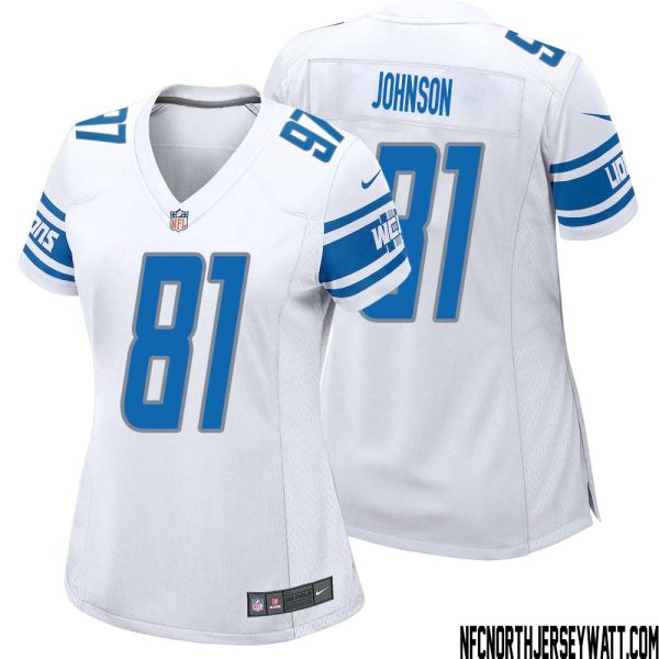 Calvin Johnson No 81 Women White Detroit Lions Player Away Game Jersey – Replica