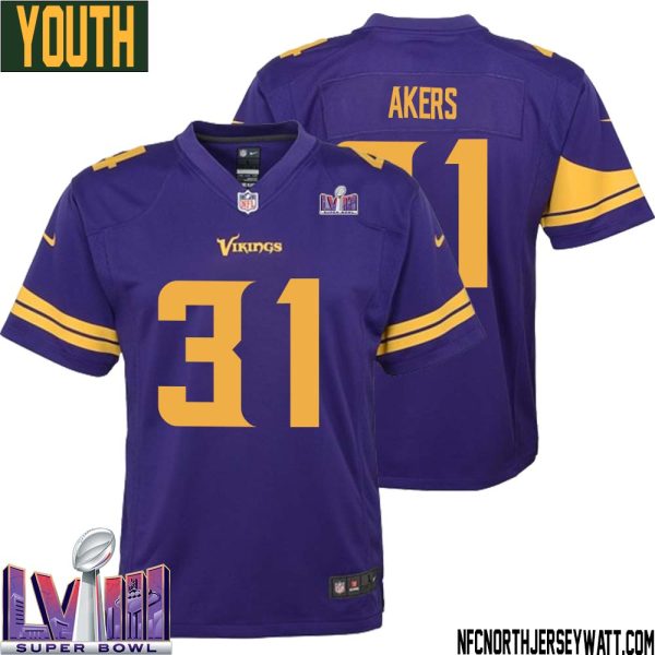 Cam Akers No 31 Minnesota Vikings Super Bowl Lviii Alternate Game Jersey Purple For Youth – Replica