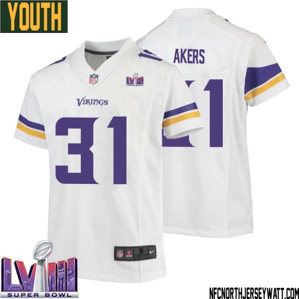 Cam Akers No 31 Minnesota Vikings Super Bowl Lviii Away Game Jersey White For Youth – Replica
