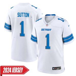 Cameron Sutton No 1 Men’s Detroit Lions Away Game 2024 Jersey – White