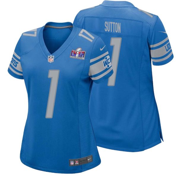 Cameron Sutton No 1 Womens Custom Blue Detroit Lions Super Bowl Lviii Player Home Game Jersey