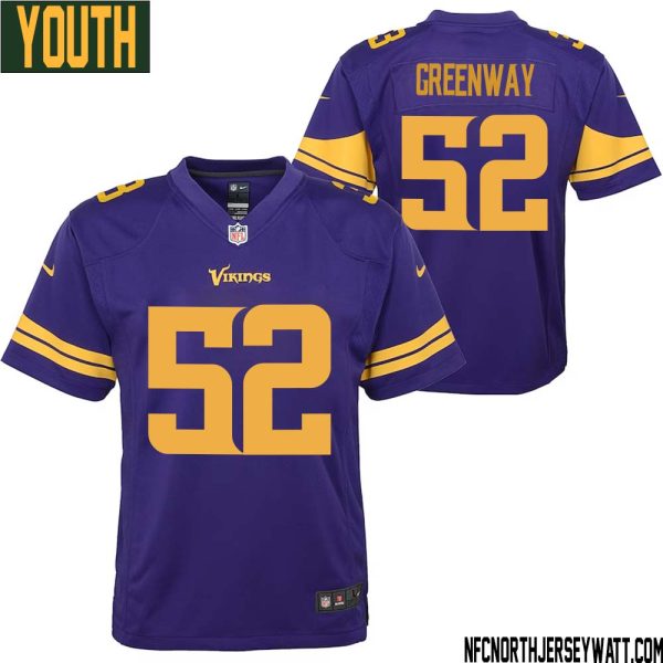Chad Greenway No 52 Youth Purple Minnesota Vikings Color Rush Vapor Untouchable Limited Jersey- Replica