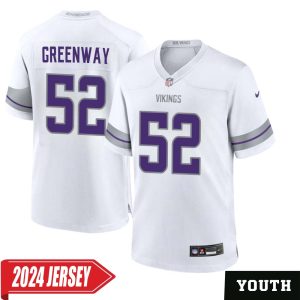 Chad Greenway No 52 Youth’s Minnesota Vikings White Alternate Custom Game 2024 Jersey