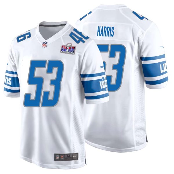 Charles Harris No 53 Mens Custom White Detroit Lions Super Bowl LVIII Away Game Jersey