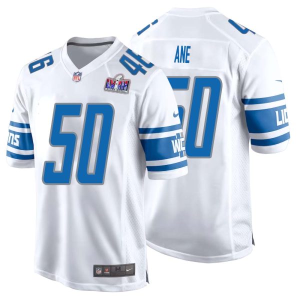 Charlie Ane No 50 Mens Custom White Detroit Lions Super Bowl LVIII Away Game Jersey