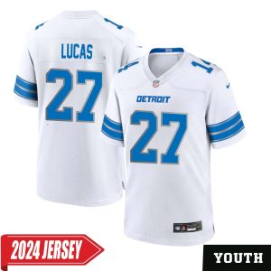 Chase Lucas No 27 Youth’s Detroit Lions Away Game 2024 Jersey – White