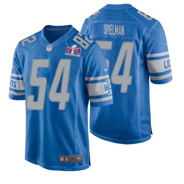 Chris Spielman No 54 Mens Custom Blue Detroit Lions Super Bowl Lviii Player Home Game Jersey