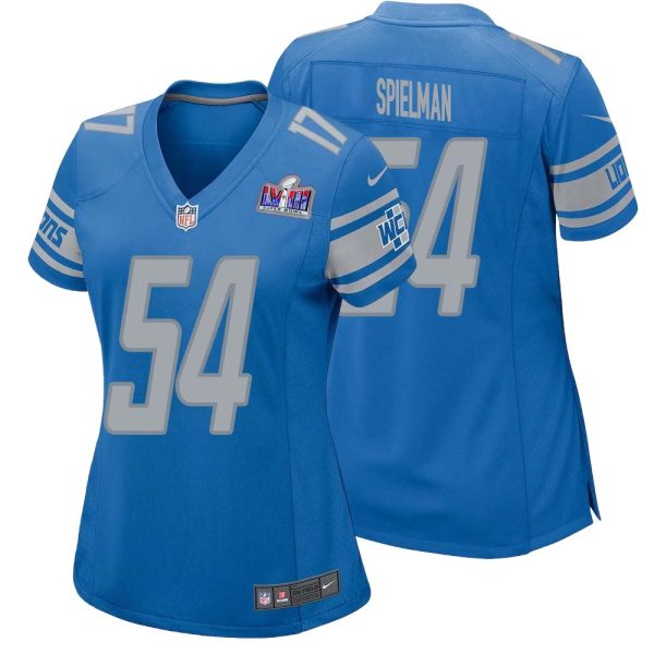 Chris Spielman No 54 Womens Custom Blue Detroit Lions Super Bowl Lviii Player Home Game Jersey