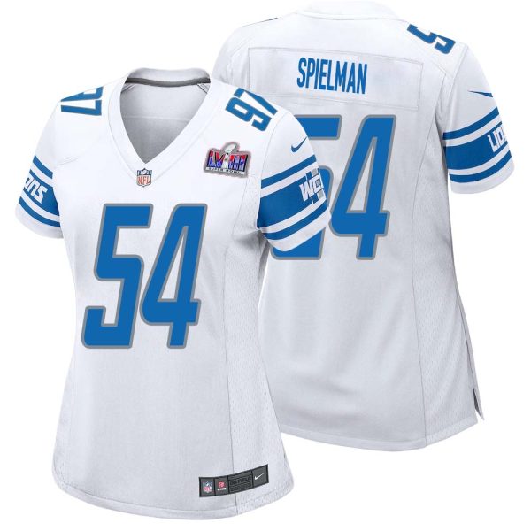 Chris Spielman No 54 Womens Custom White Detroit Lions Super Bowl Lviii Away Game Jersey