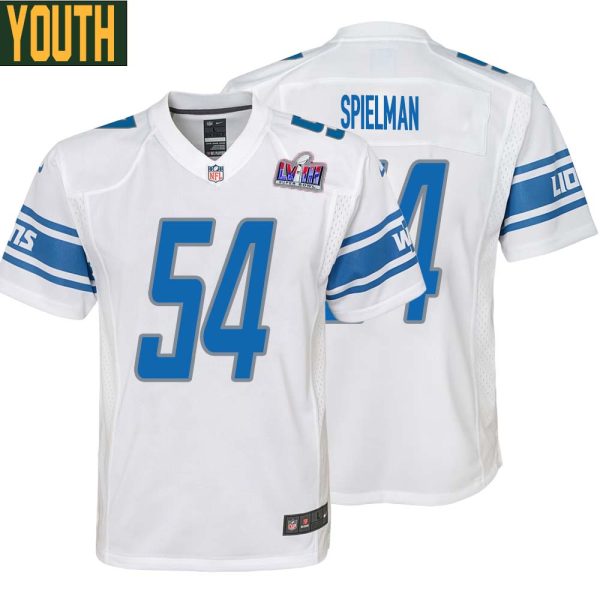 Chris Spielman No 54 Youths Custom White Detroit Lions Super Bowl Lviii Away Game Jersey