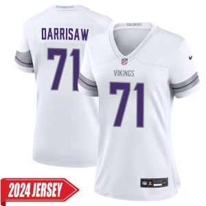 Christian Darrisaw No 71 Woman’s Minnesota Vikings White Alternate Custom Game 2024 Jersey