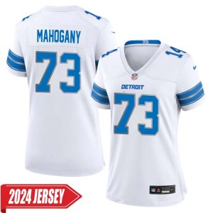 Christian Mahogany No 73 Woman’s Detroit Lions Away Game 2024 Jersey – White