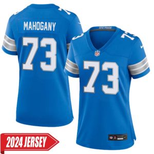 Christian Mahogany No 73 Woman’s Detroit Lions Home Game 2024 Jersey – Blue