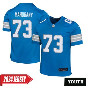 Christian Mahogany No 73 Youth’s Detroit Lions Home Game 2024 Jersey – Blue